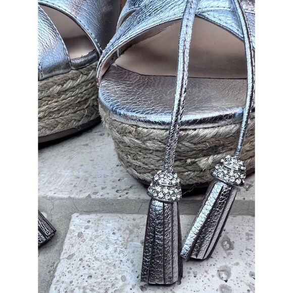 Badgley Mishka Silver Leather Cork Wedge Ankle Tie Diamond Tassel Sandals Sz 8.5 - Picture 5 of 15